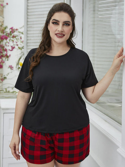 Plus Size Round Neck Tee Shirt and Plaid Shorts Lounge Set - Madikfashions.com