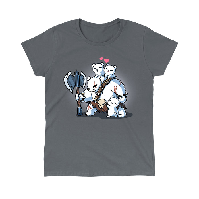 Classic Cotton T-shirt_TeeTurtle charcoal gray Polar Protector apparel featuring a scarred parent polar bear in a primal warrior outfit holding a large axe with happy polar bear cubs climbing over him.