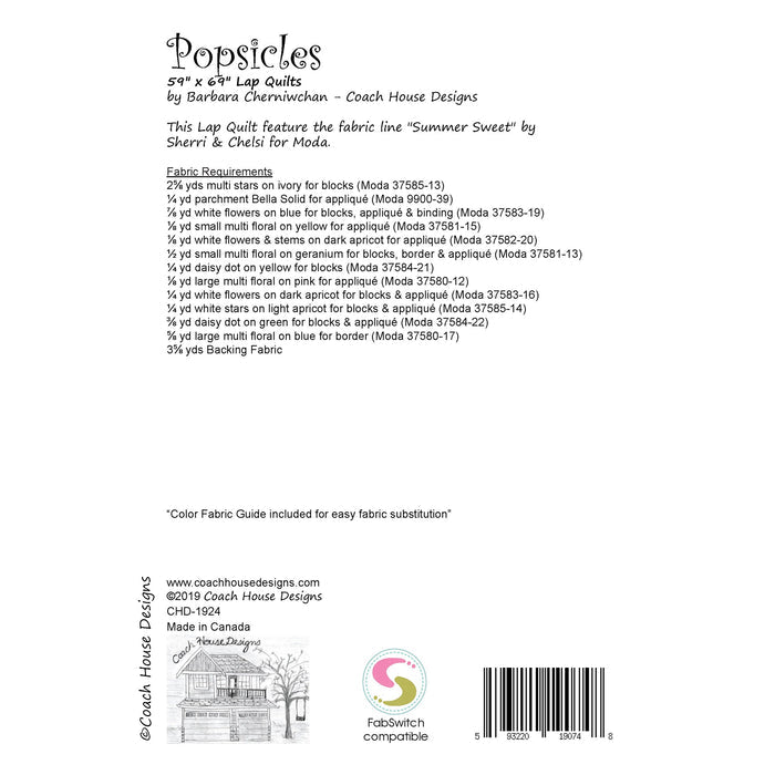 This page contains information about a lap quilt sewing pattern titled 'Popsicle' by Coach House Designs. It includes specifications and yardage requirements from the fabric collection 'Summer Sweet' by Sherri & Chelsi' for Moda. Fabswitch available.