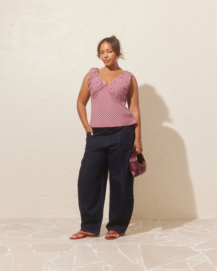 RAQUEL TOP PINK BURGUNDY GINGHAM