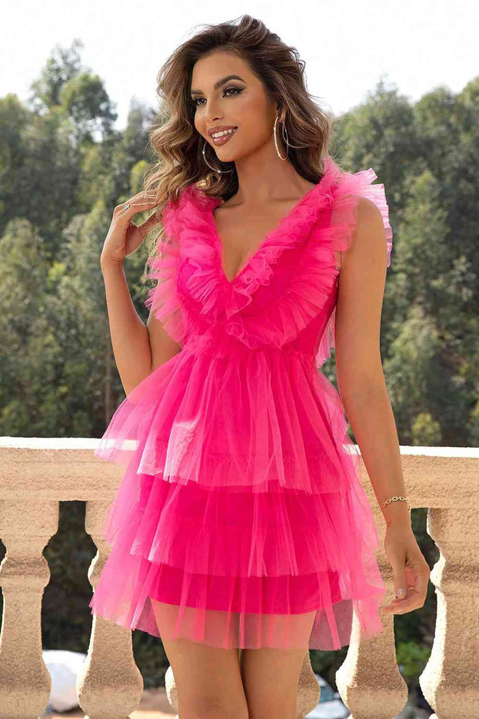 Ruffled V-Neck Sleeveless Mesh Dress - Madikfashions.com