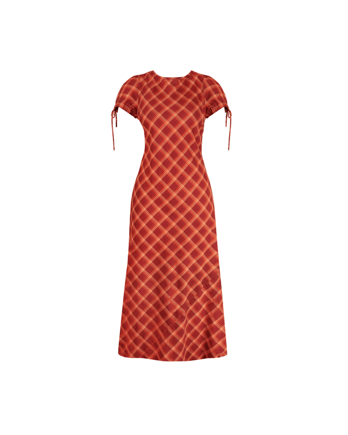 SASHA DRESS BURGUNDY ORANGE TARTAN