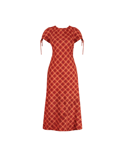 SASHA DRESS BURGUNDY ORANGE TARTAN