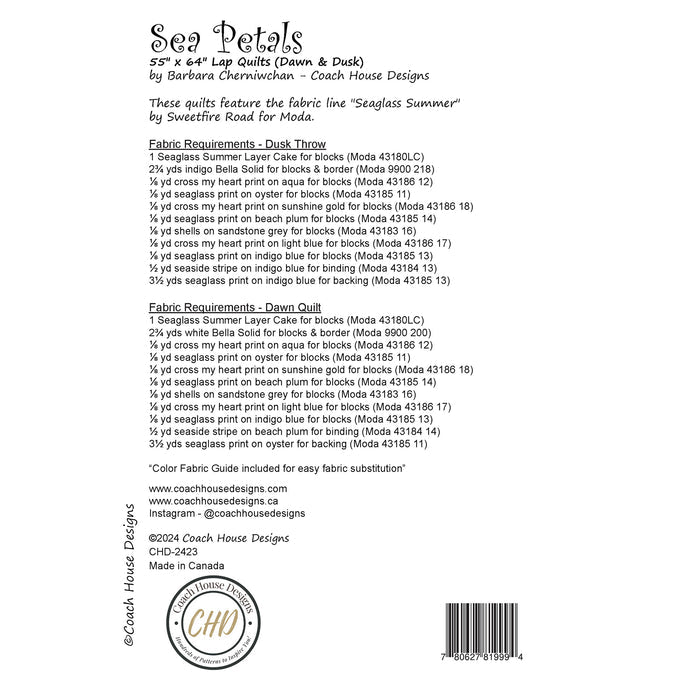 Textual information about the lap quilt sewing pattern titled 'Sea Petals' by Coach House Designs. The text includes the specifications for the fabric used to make the quilt from the fabric line titled 'Seaglass Summer' by Sweetfire Road for Moda.