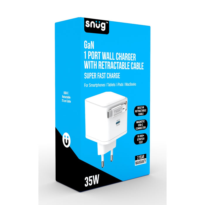 Snug 1 Port PD Charger With Retractable Cable - 35W - White (SNPW-1P35WRET-W)