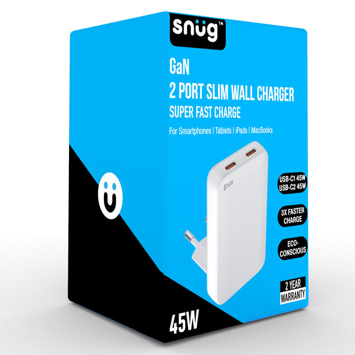 Snug 2 Port PD GaN Slim Wall Charger 45W - White (SNPW-2SLIM45-WH)