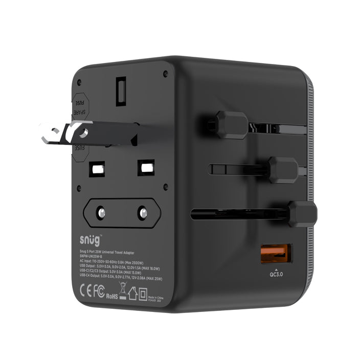 SNUG 5 Port Universal Travel Adapter - 25W - Black (SNPW-UNI25W-B)