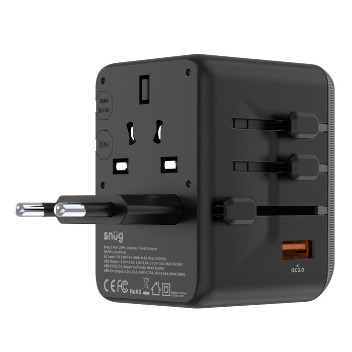 SNUG 5 Port Universal Travel Adapter - 25W - Black (SNPW-UNI25W-B)