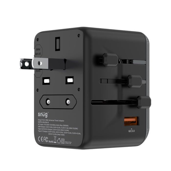 SNUG 5 Port Universal Travel Adapter - 45W - Black (SNPW-UNI45W-B)
