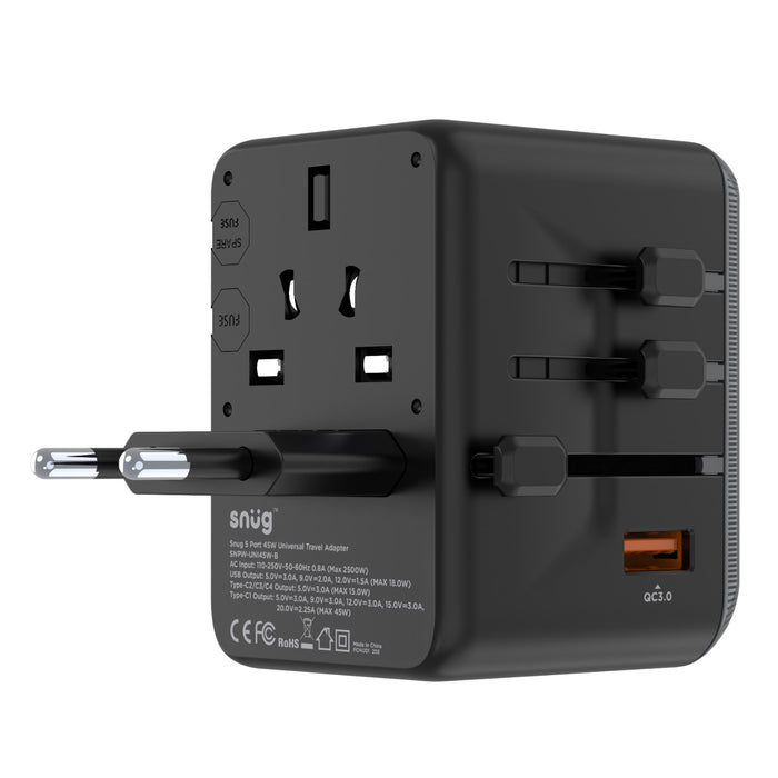 SNUG 5 Port Universal Travel Adapter - 45W - Black (SNPW-UNI45W-B)