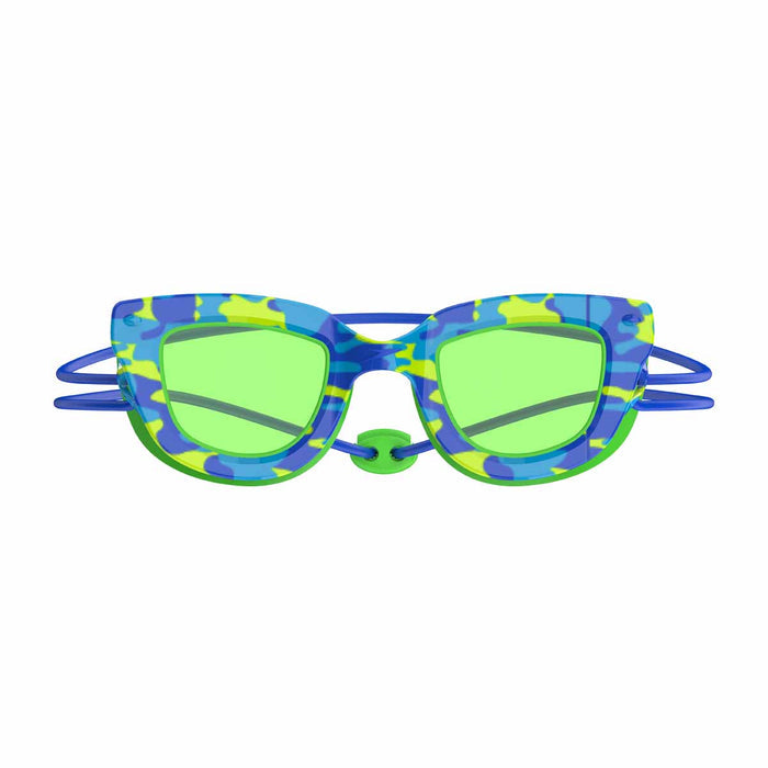 Speedo Kids Sunny G Pop Seasiders print goggles in blue camo and jello green, featuring adjustable straps and clear lenses.