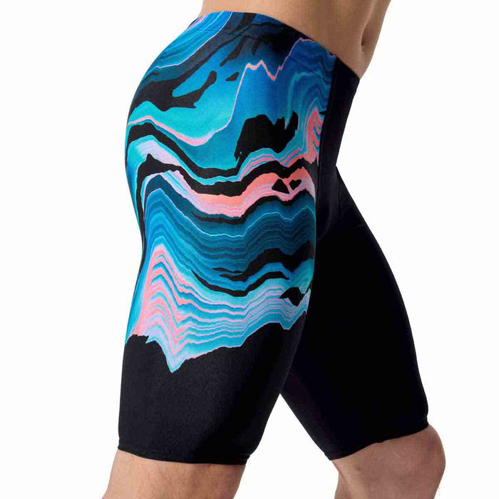 Speedo men's jammer swimsuit with canyon ombre and black print, featuring a sleek, fitted design for competitive swimming.