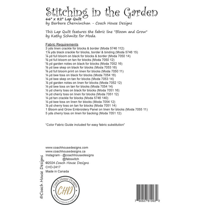 Textual information about the lap quilt sewing pattern titled 'Stitching in the Garden' by Coach House Designs. The text includes the specifications for the fabric used to make the quilt from the fabric line titled 'Bloom and Grown' by Kathy Schmitz for Moda.