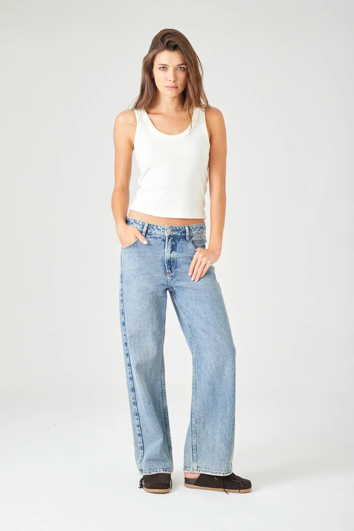 Straight jeans with waistband and drawstring in light blue cotton for Women