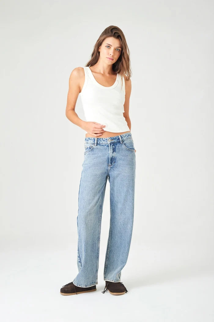 Straight jeans with waistband and drawstring in light blue cotton for Women