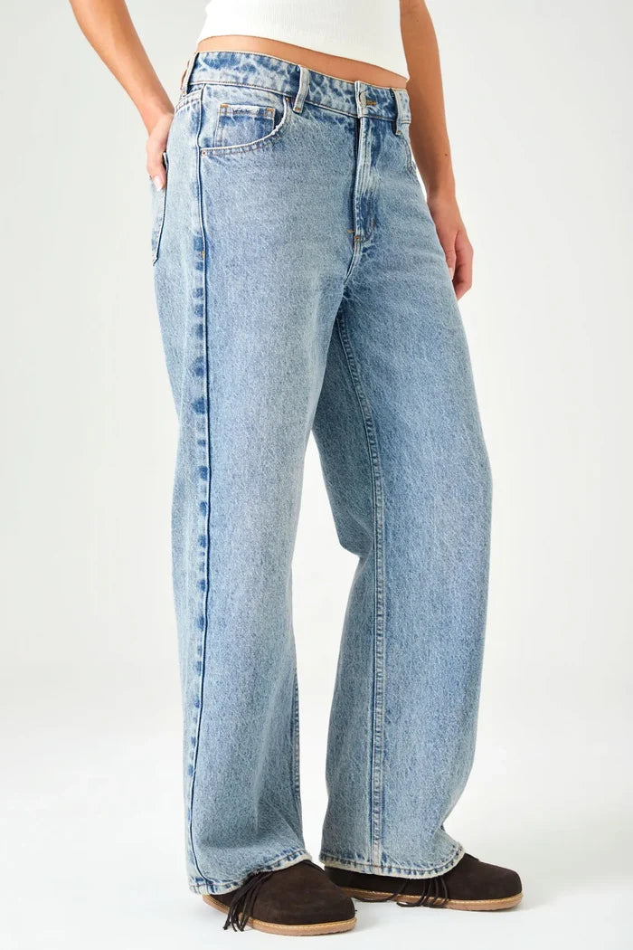 Straight jeans with waistband and drawstring in light blue cotton for Women