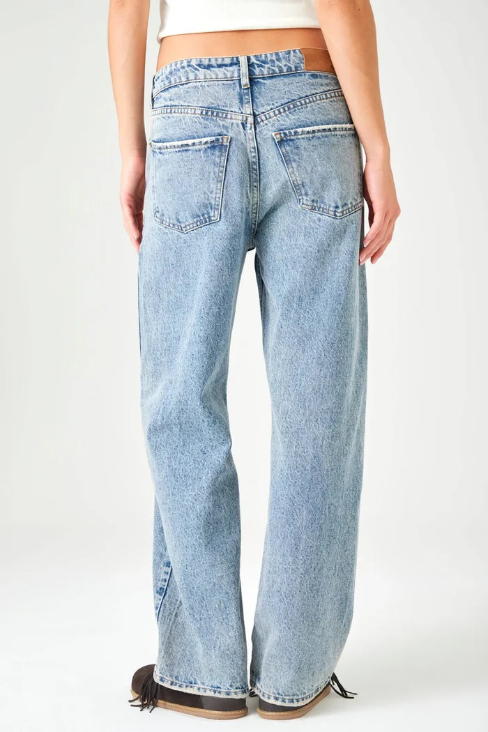 Straight jeans with waistband and drawstring in light blue cotton for Women