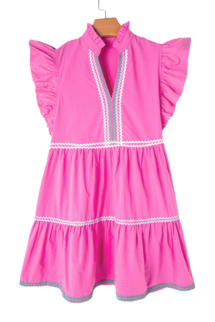 Strawberry Pink Ric Rac Colourblock Flutter Sleeve V Neck Tiered Dress - Dresses/Mini Dresses