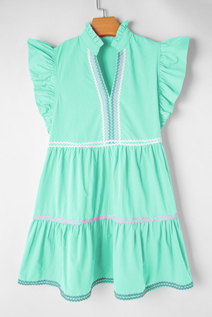 Strawberry Pink Ric Rac Colourblock Flutter Sleeve V Neck Tiered Dress - Dresses/Mini Dresses