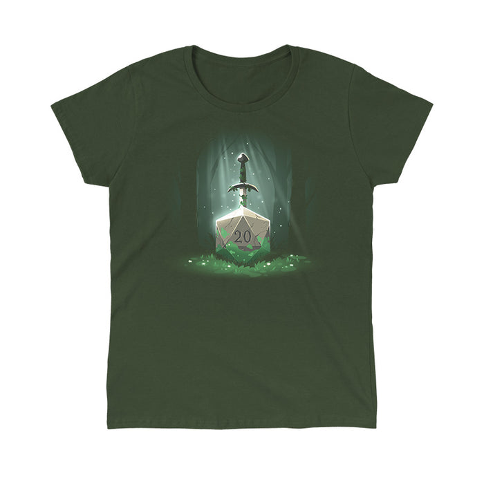 Classic Cotton T-shirt_TeeTurtle Sword in the D20 forest green t-shirt featuring a sword entwined with vines is embedded in a large stone marked with the number "20" in the middle of a dark, misty forest.