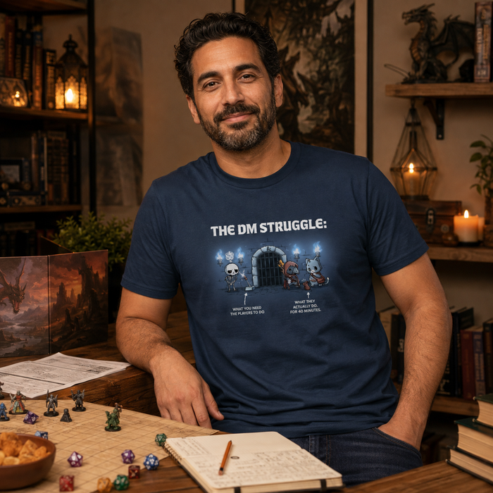 Men's Premium T-Shirt_TeeTurtle denim blue The DM Struggle Premium Cotton T-shirt featuring a grumpy skeleton standing next to a glowing lever and two player characters nearby talking to a rat. Under the skeleton is the text "what you need the players to do" and under the players is the text "what they actually do. for 40 minutes."