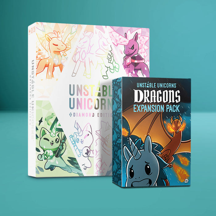 The Unstable Unicorns: Diamond Edition: Base Game + Dragons Expansion Bundle by Unstable Games is set against a teal backdrop, inviting you to build your ultimate unicorn army in this strategic card game.
