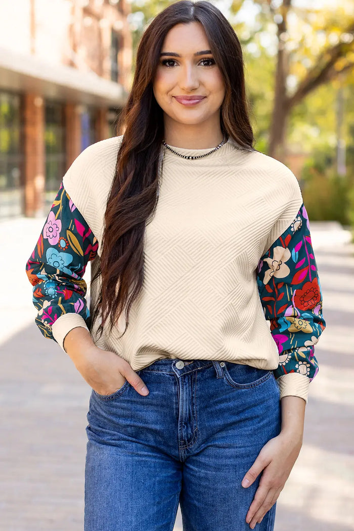 White Contrast Floral Sleeve Textured Drop Shoulder Knit Top - S / 97% Polyester + 3% Elastane - Tops/Long Tops