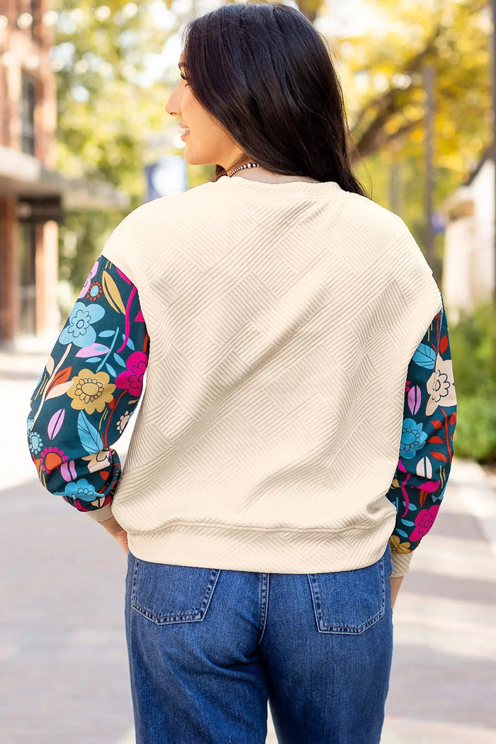 White Contrast Floral Sleeve Textured Drop Shoulder Knit Top - Tops/Long Tops