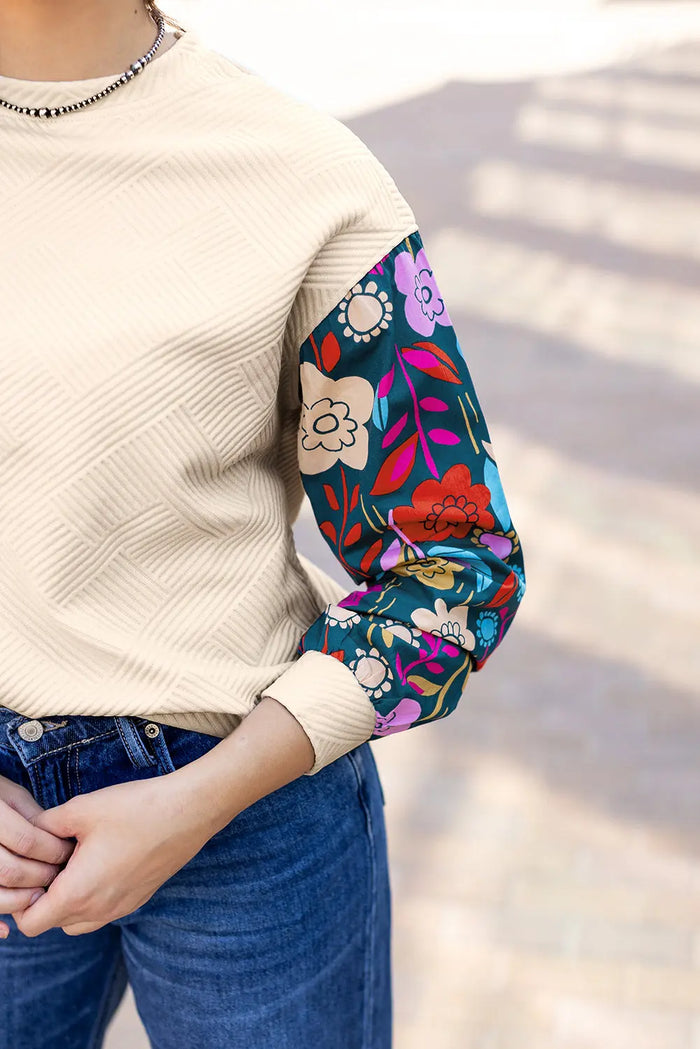 White Contrast Floral Sleeve Textured Drop Shoulder Knit Top - Tops/Long Tops
