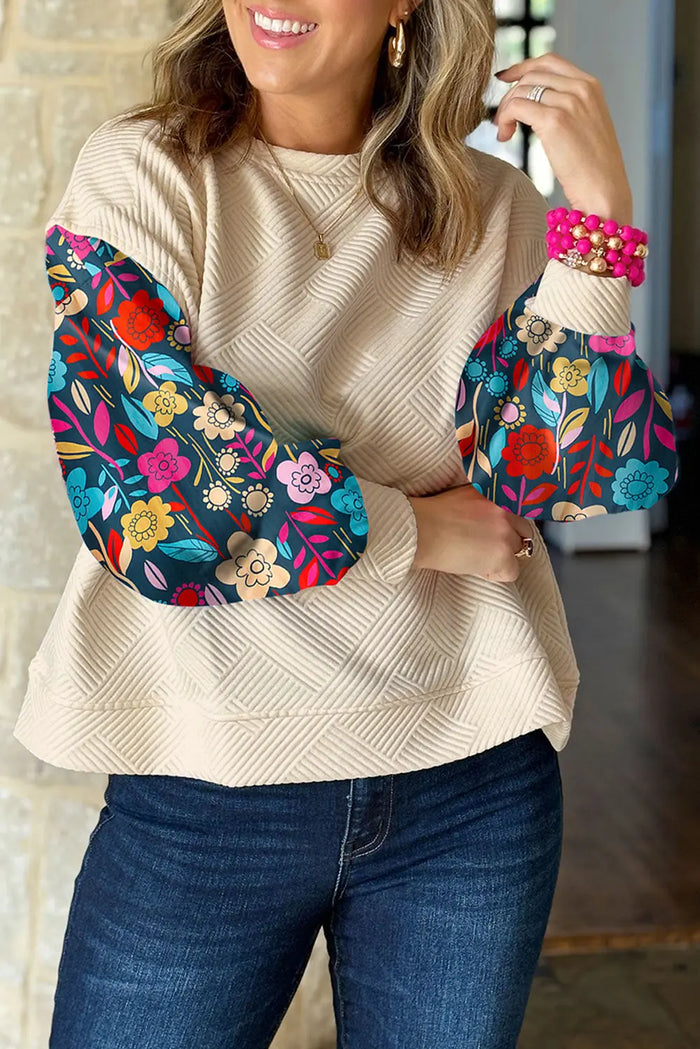 White Contrast Floral Sleeve Textured Drop Shoulder Knit Top - Tops/Long Tops