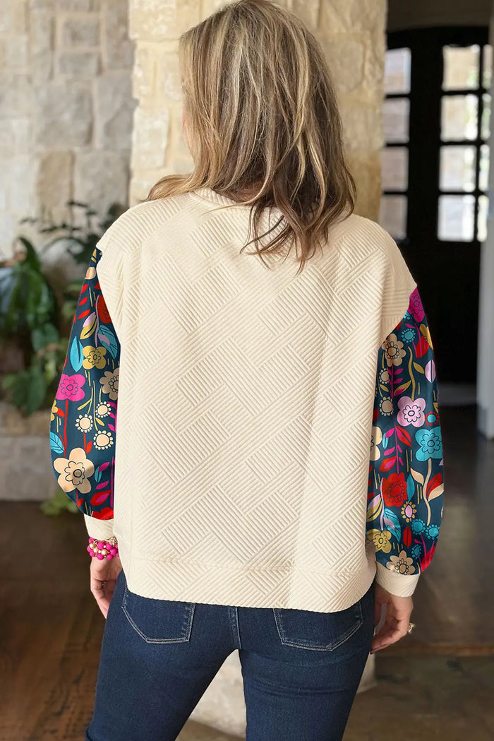White Contrast Floral Sleeve Textured Drop Shoulder Knit Top - Tops/Long Tops