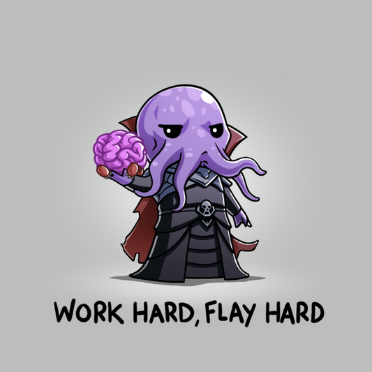 Premium Cotton T-shirt_TeeTurtle silver Premium Cotton T-shirt featuring a purple mind flayer holding a brain with the words "work hard, flay hard" underneath