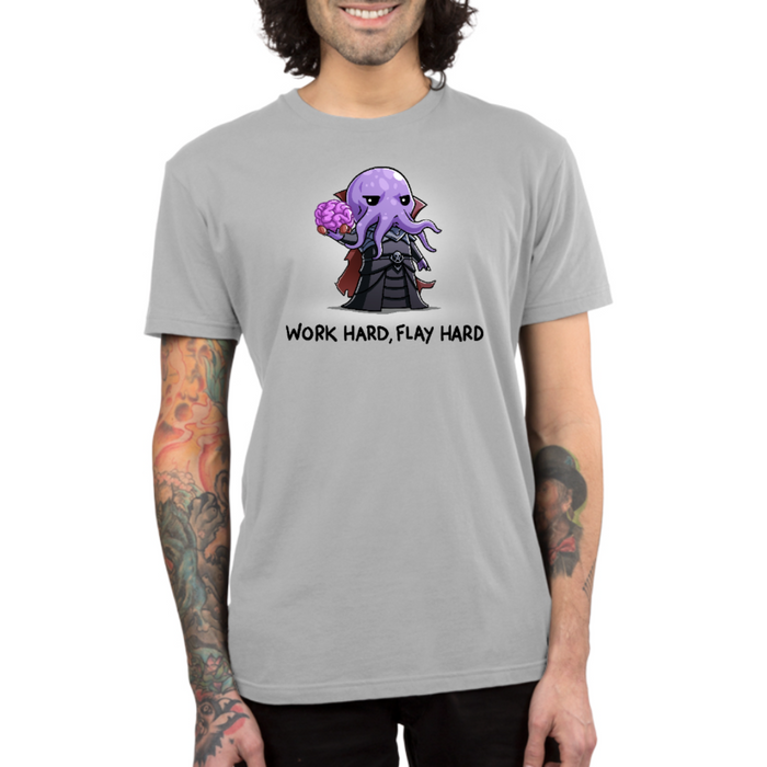 Premium Cotton T-shirt_TeeTurtle silver Premium Cotton T-shirt featuring a purple mind flayer holding a brain with the words "work hard, flay hard" underneath