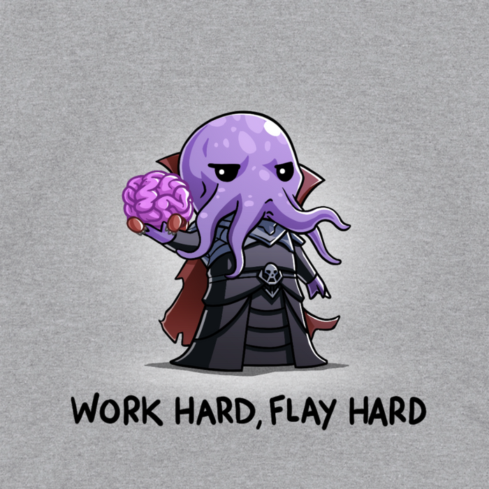 Long Sleeve T-shirt_TeeTurtle heather gray Long Sleeve T-shirt featuring a purple mind flayer holding a brain with the words "work hard, flay hard" underneath